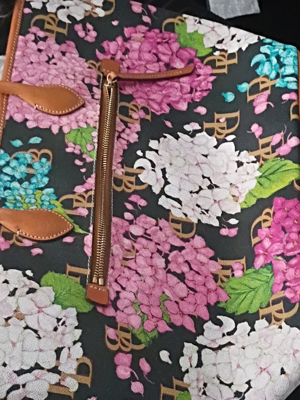 Dooney & Bourke Black Floral Tote with Pink, White & Teal Blooms
